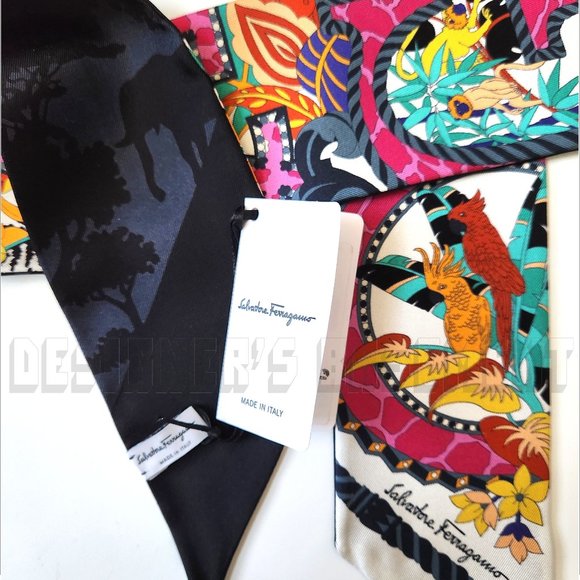 SALVATORE FERRAGAMO pink AMO Jungle 2-sided skinny TWILLY silk twill scarf +🎁 - Picture 4 of 7